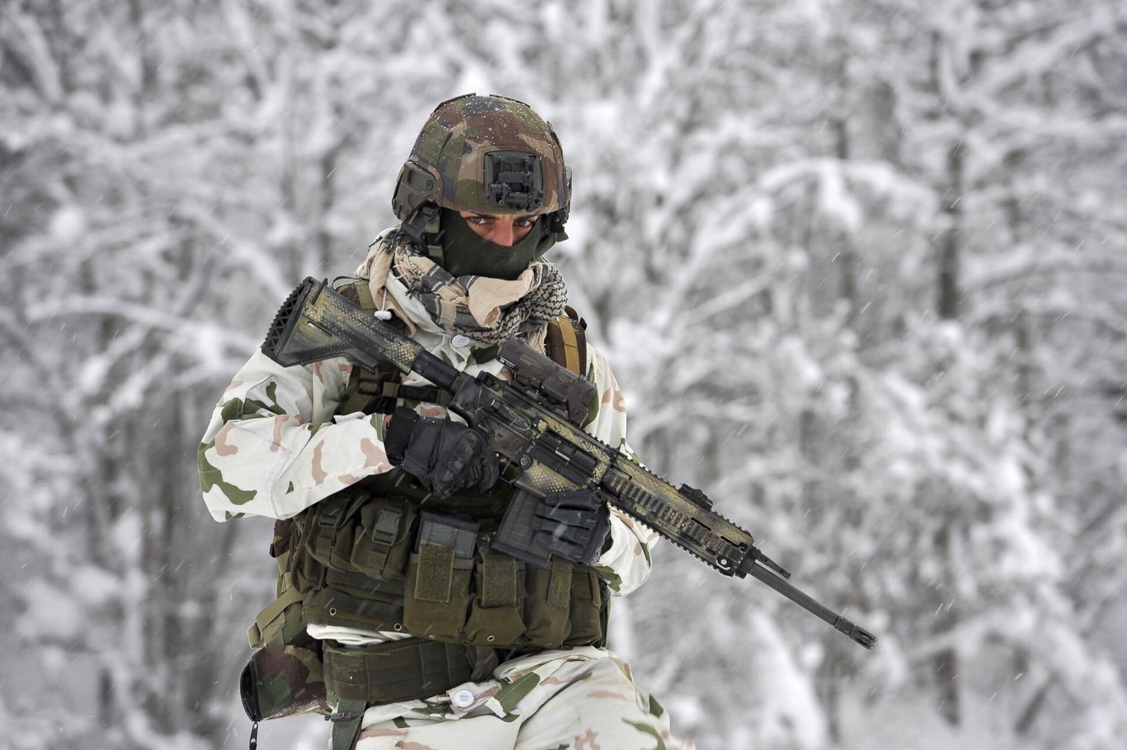 Un chasseur alpin du 13e bataillon en tenue de camouflage hivernale, dans une forêt enneigée