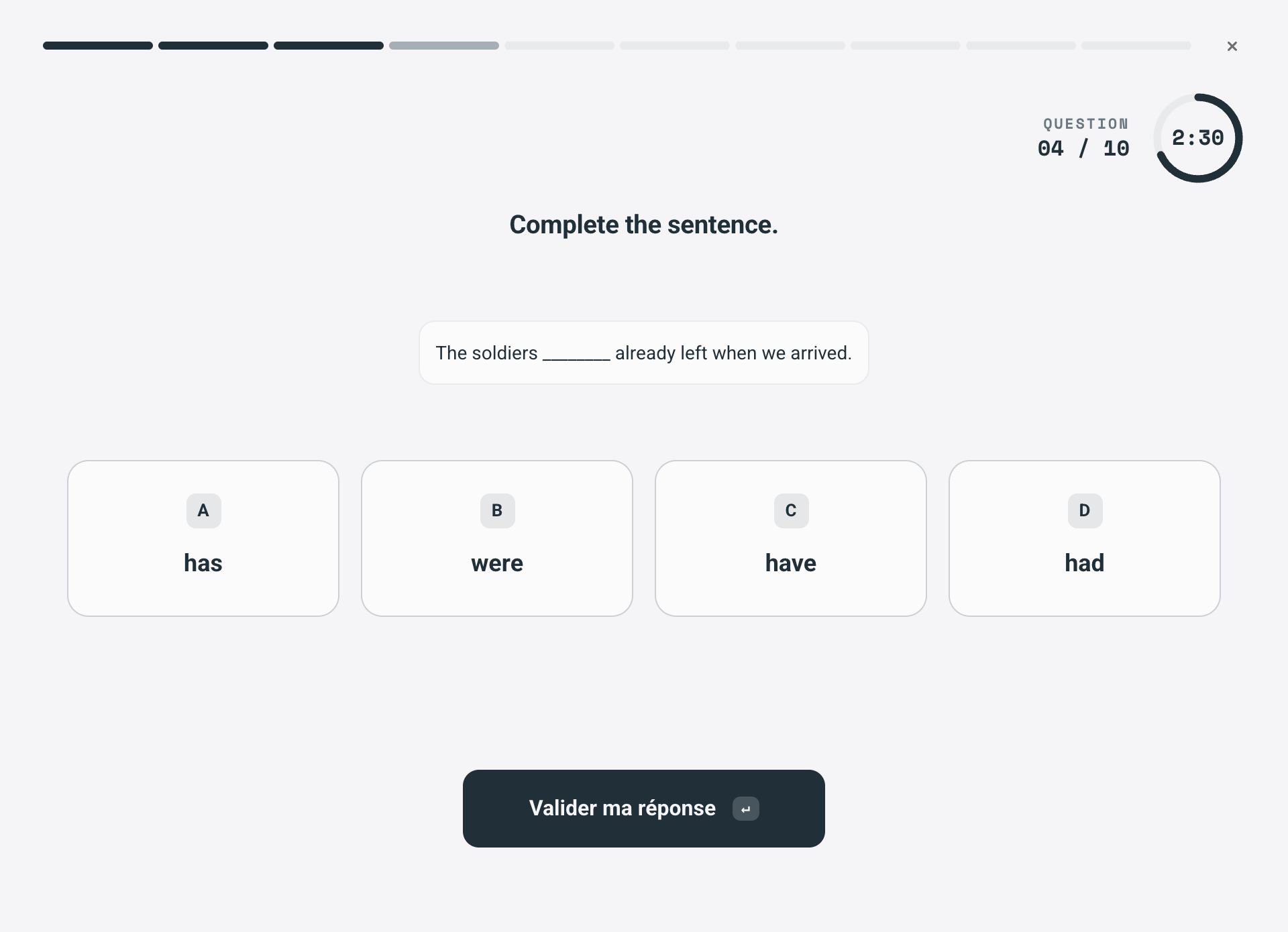 Exemple de question d'anglais sur Armup : compléter une phrase avec has, were, have ou had