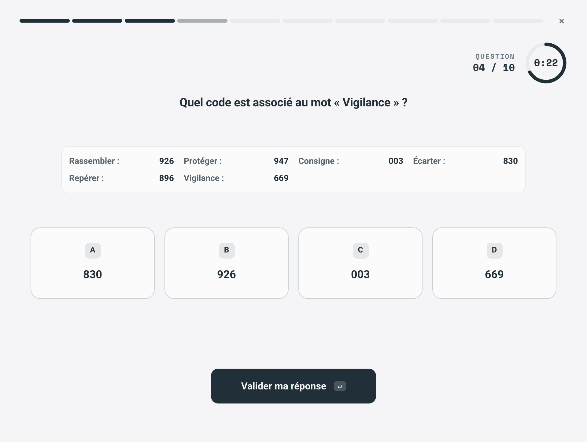 Exemple de vitesse de codage sur Armup : une table de six mots et leurs codes, et quatre codes proposés pour le mot Vigilance