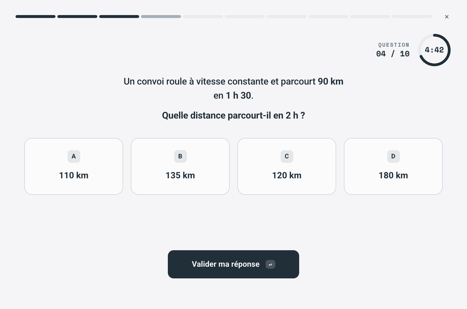 Exemple de problème de mathématiques sur Armup : un convoi qui parcourt 90 km en 1 h 30, quelle distance en 2 h ?