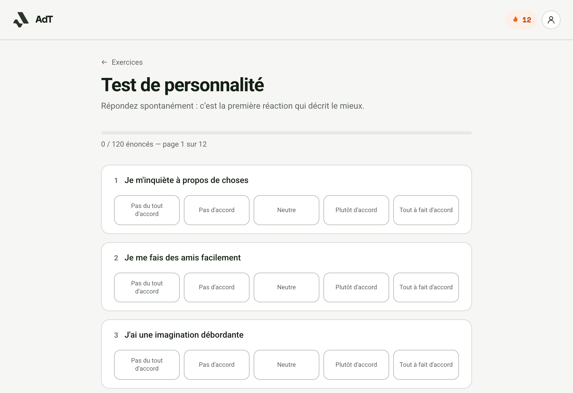 Le test de personnalité sur Armup : trois énoncés, chacun avec son échelle de cinq réponses