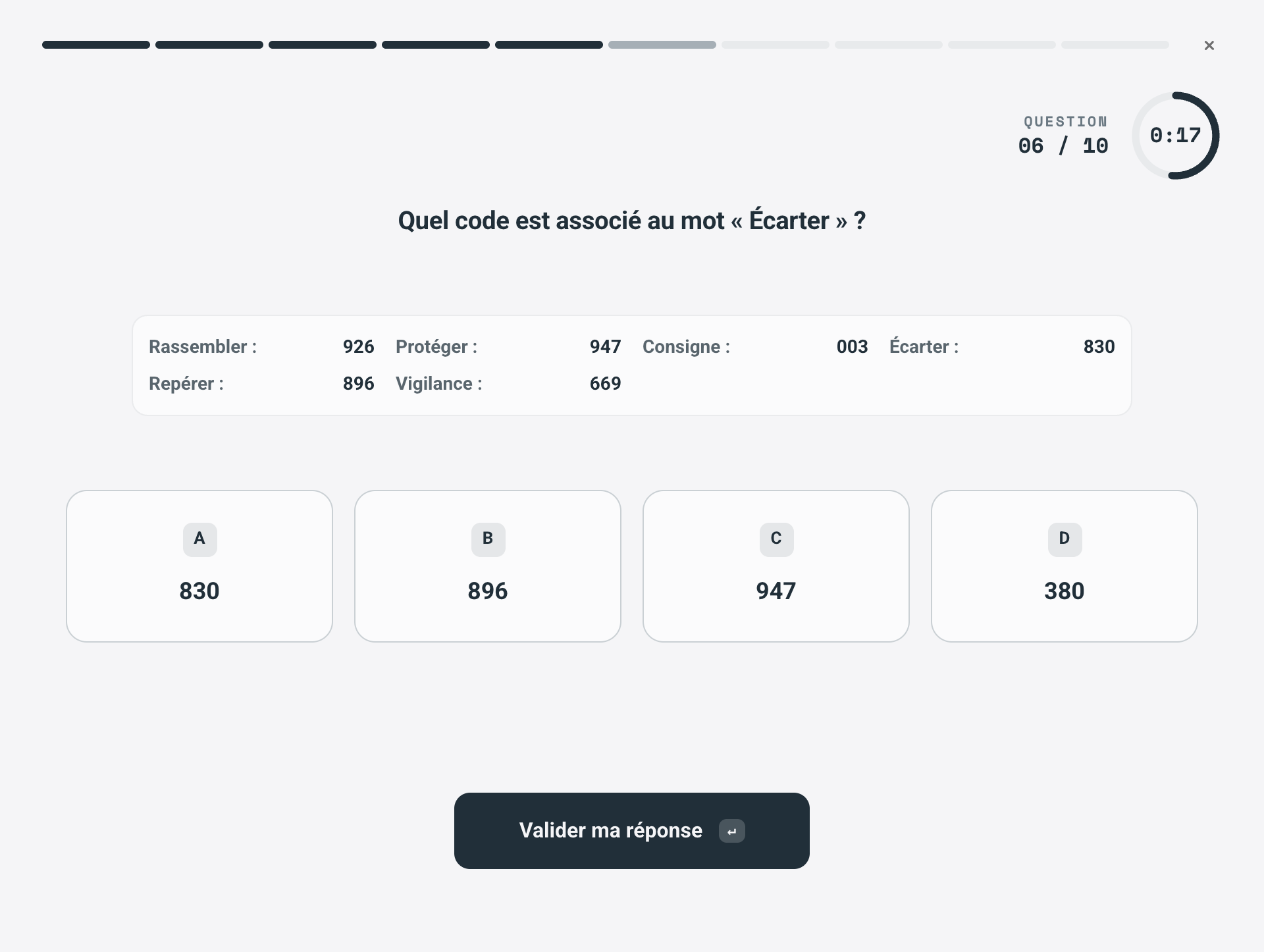 Exemple de vitesse de codage, niveau facile : une table de six mots avec des codes à trois chiffres, et le code du mot Écarter à retrouver