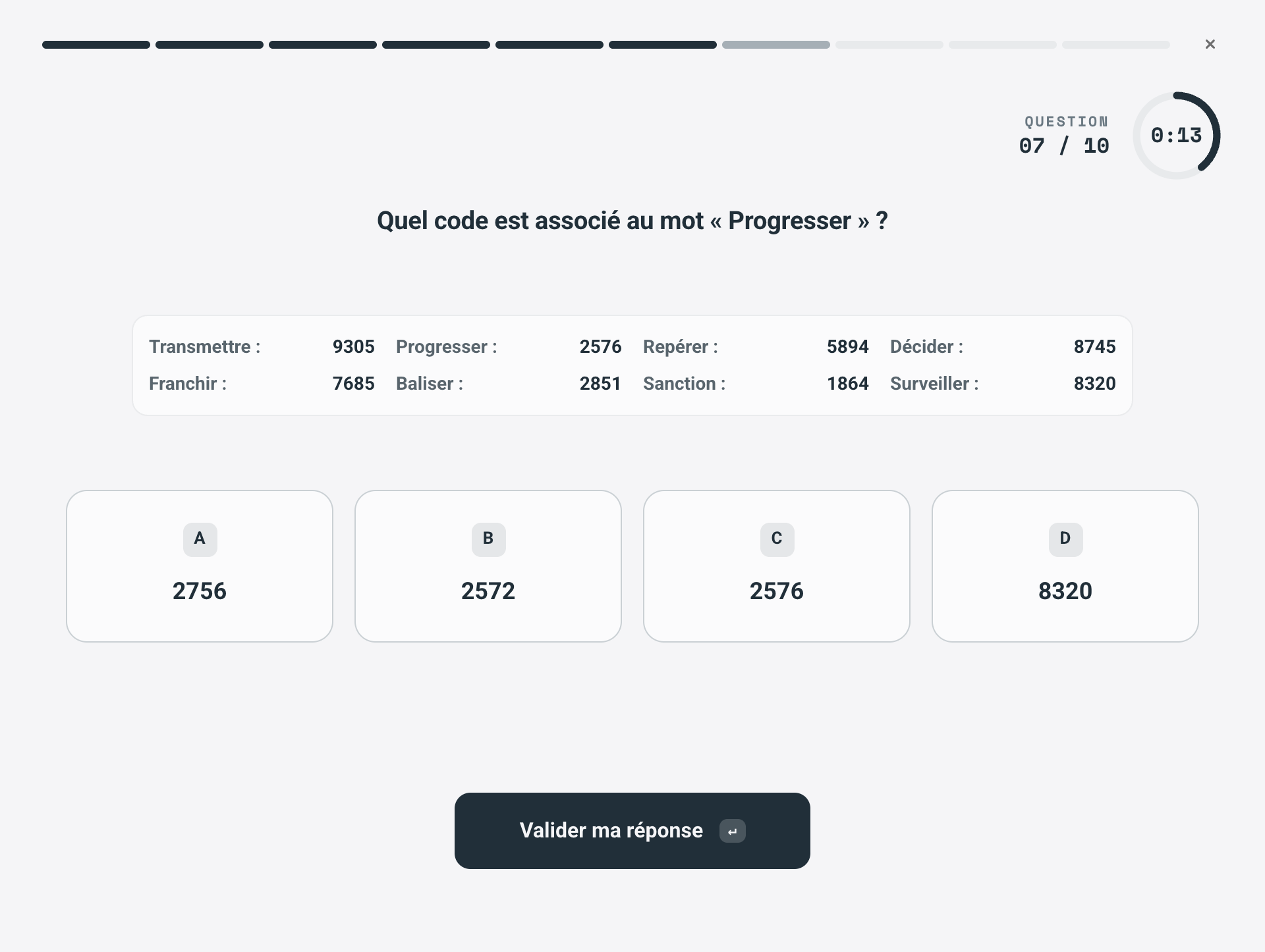 Exemple de vitesse de codage, niveau standard : une table de huit mots avec des codes à quatre chiffres, et le code du mot Progresser à retrouver